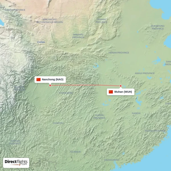Nanchong - Wuhan direct flight map