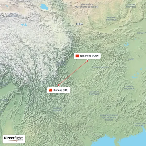 Nanchong - Xichang direct flight map