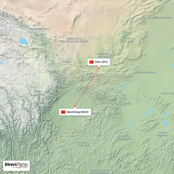 Nanchong - Xian direct flight map