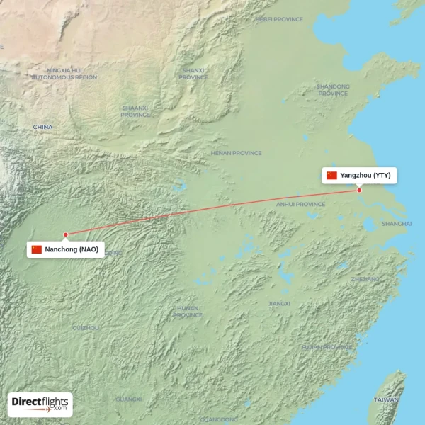 Nanchong - Yangzhou direct flight map