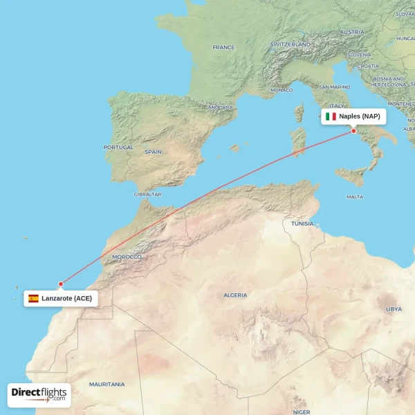 Naples - Lanzarote direct flight map