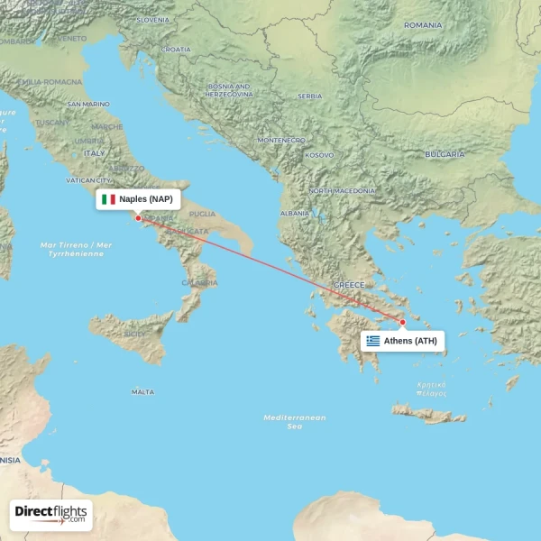 Naples - Athens direct flight map