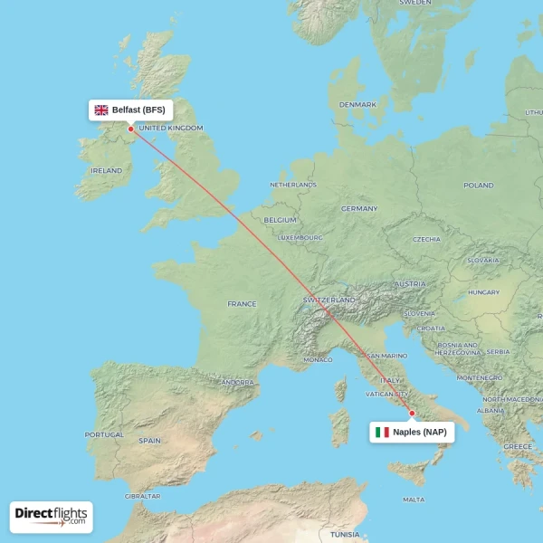 Naples - Belfast direct flight map