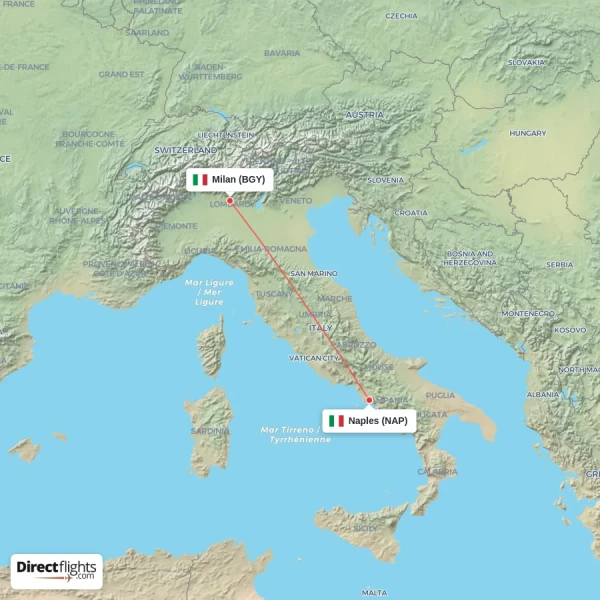 Naples - Milan direct flight map