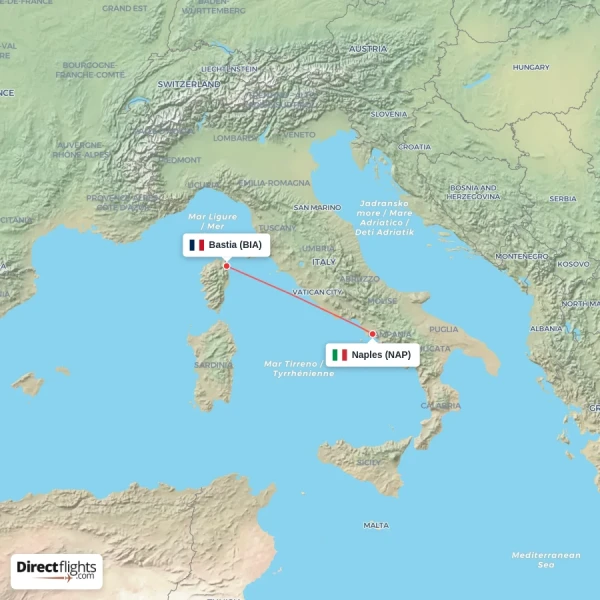 Naples - Bastia direct flight map