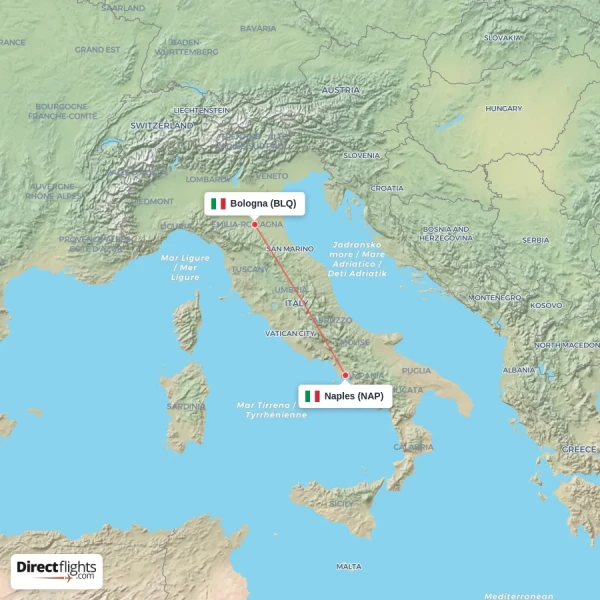 Naples - Bologna direct flight map