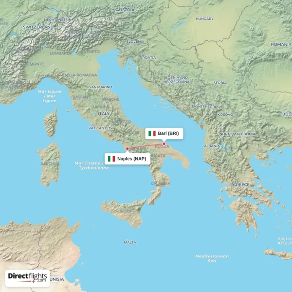 Naples - Bari direct flight map