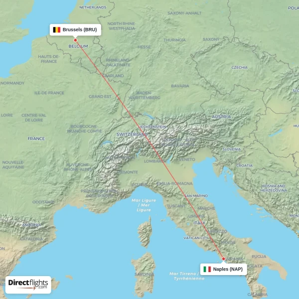 Naples - Brussels direct flight map