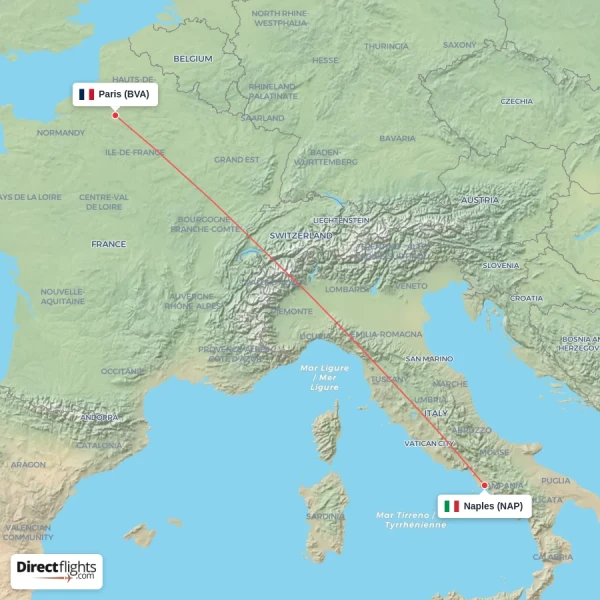 Naples - Paris direct flight map