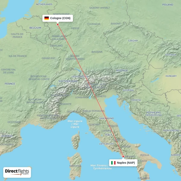 Naples - Cologne direct flight map