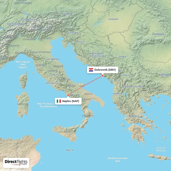 Naples - Dubrovnik direct flight map