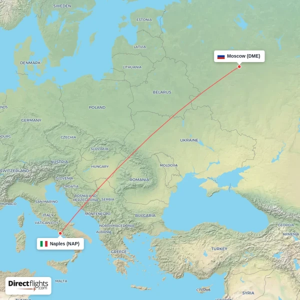 Naples - Moscow direct flight map