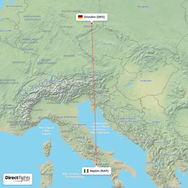 Naples - Dresden direct flight map