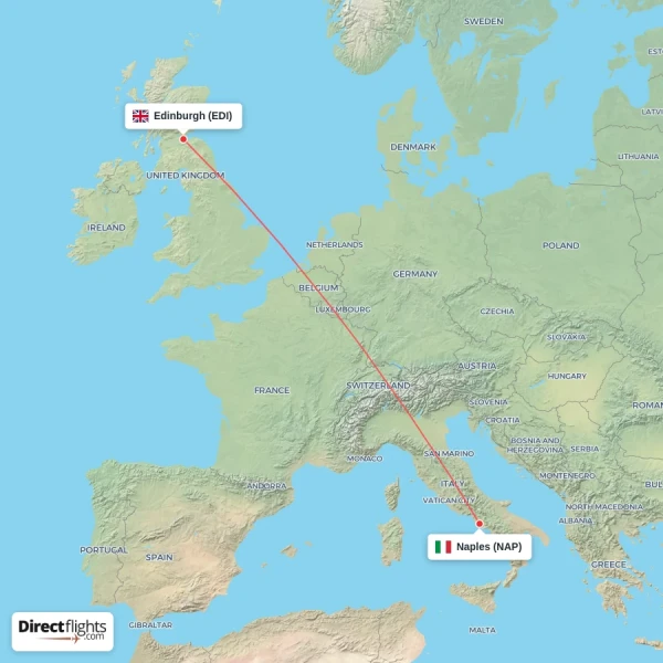Naples - Edinburgh direct flight map