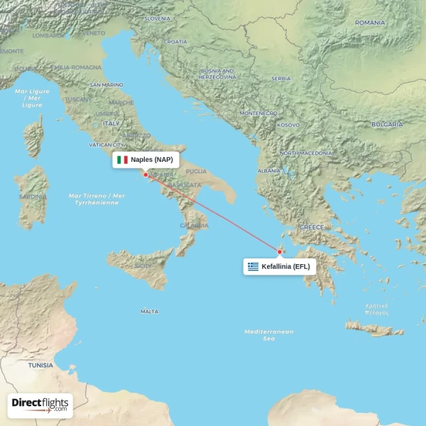 Naples - Kefallinia direct flight map