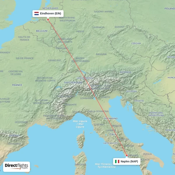 Naples - Eindhoven direct flight map