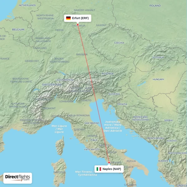 Naples - Erfurt direct flight map