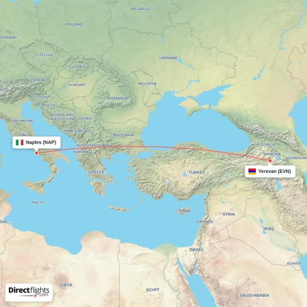 Naples - Yerevan direct flight map