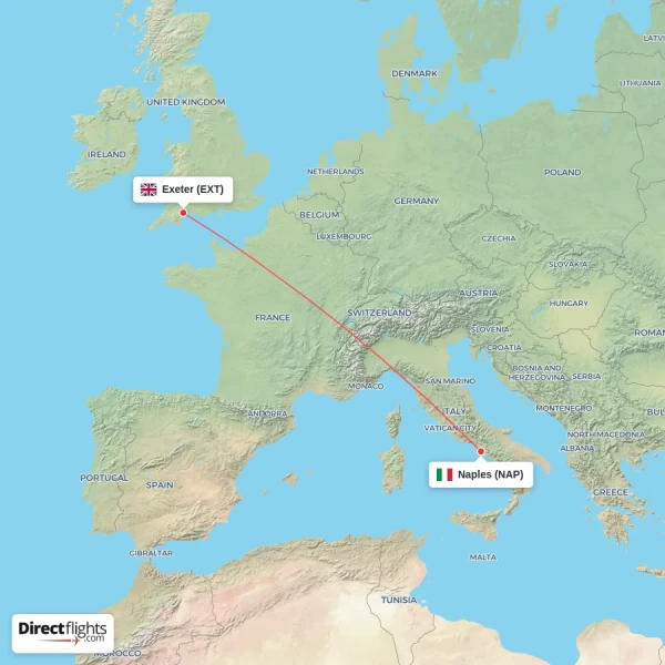 Naples - Exeter direct flight map