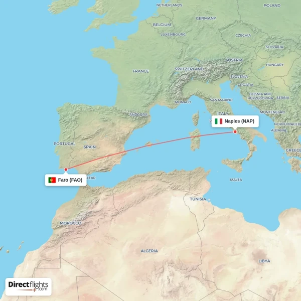 Naples - Faro direct flight map