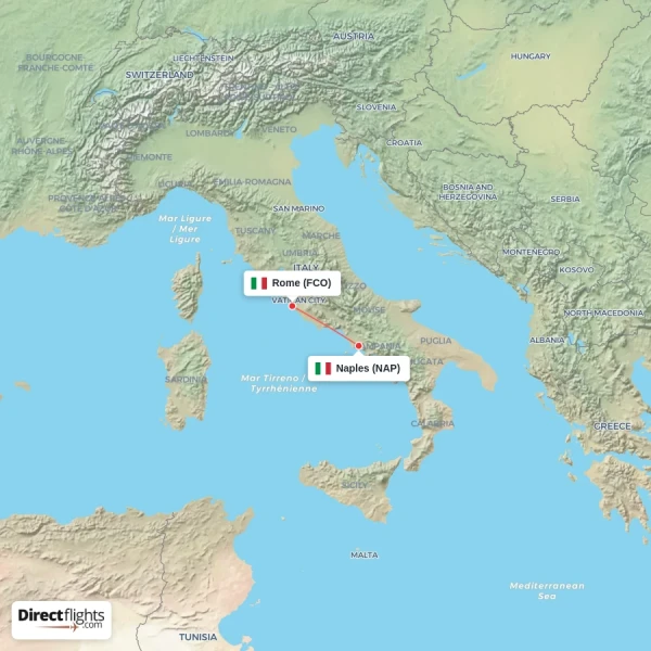 Naples - Rome direct flight map