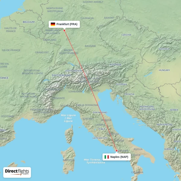 Naples - Frankfurt direct flight map