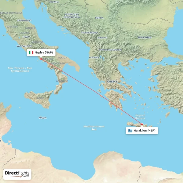 Naples - Heraklion direct flight map