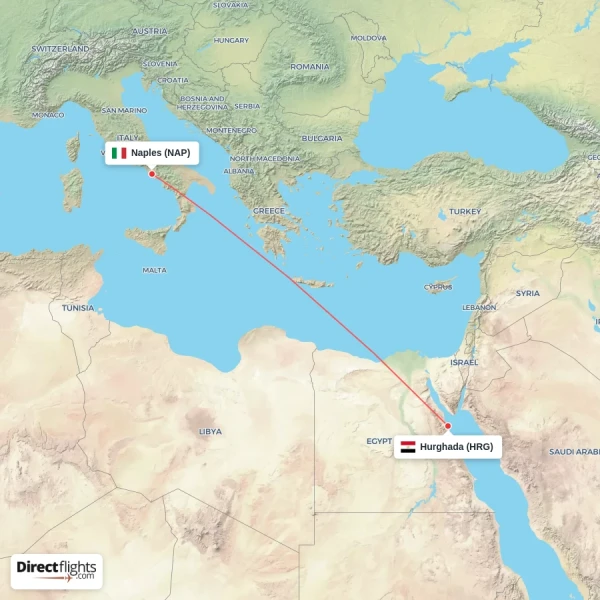 Naples - Hurghada direct flight map
