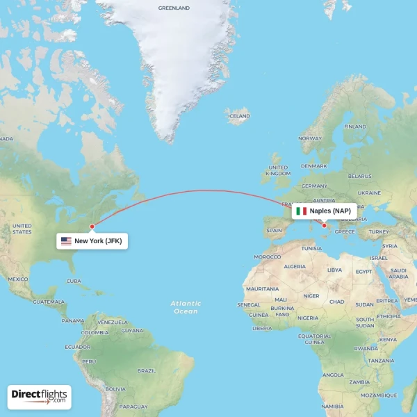 Naples - New York direct flight map