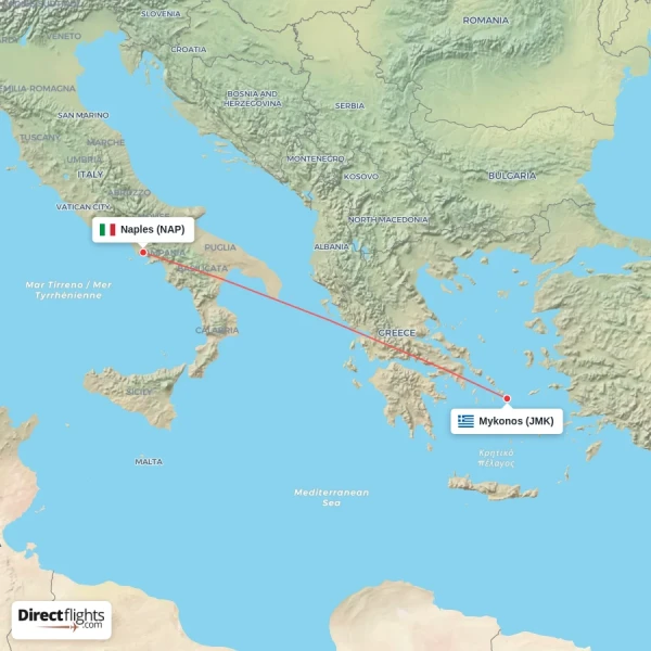 Naples - Mykonos direct flight map