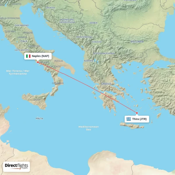 Naples - Thira direct flight map