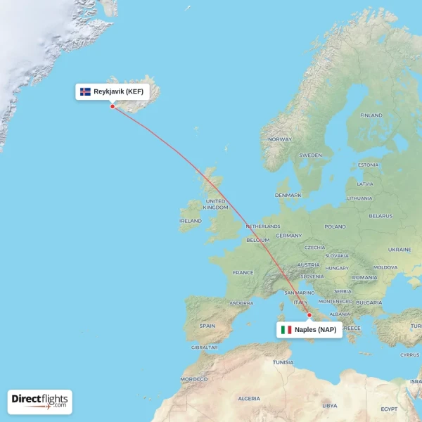 Naples - Reykjavik direct flight map