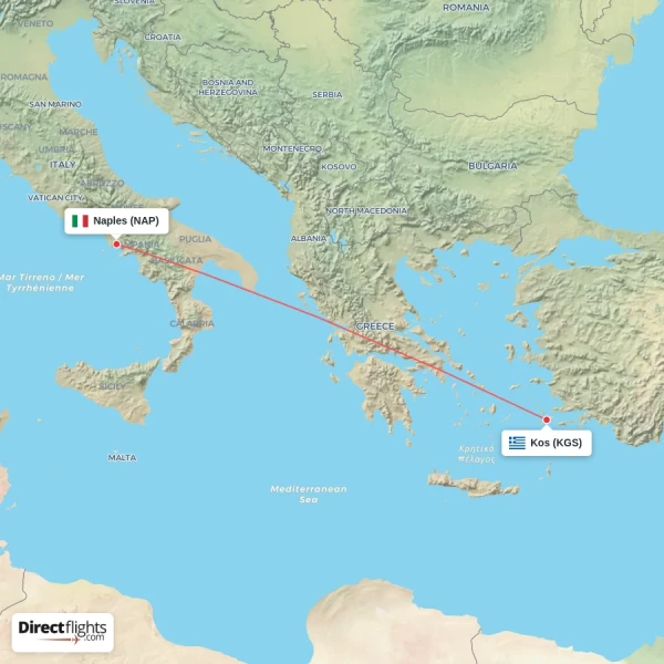 Naples - Kos direct flight map
