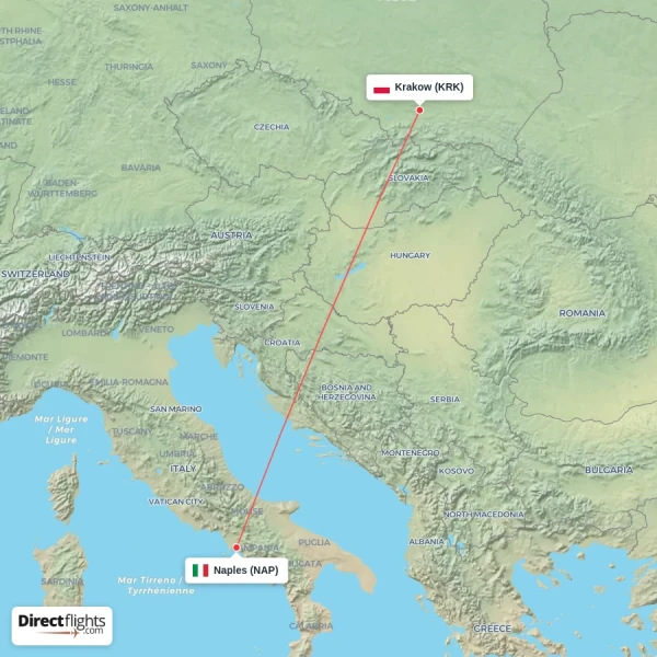 Naples - Krakow direct flight map
