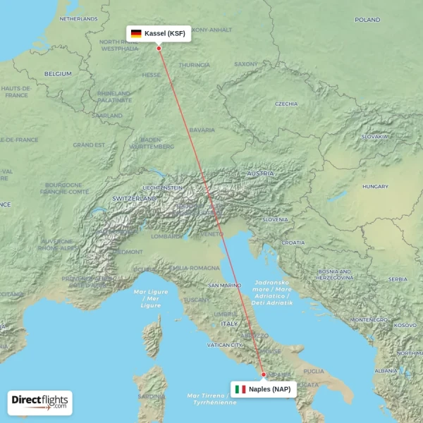 Naples - Kassel direct flight map