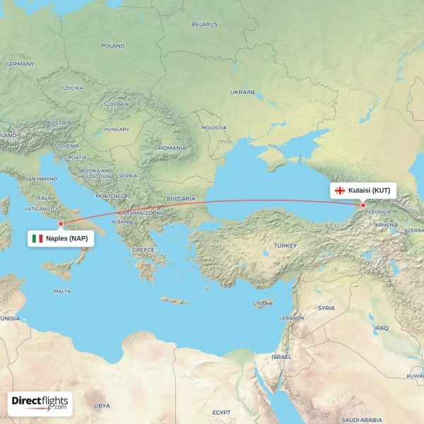 Naples - Kutaisi direct flight map
