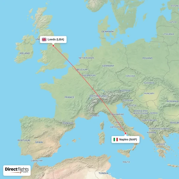 Naples - Leeds direct flight map