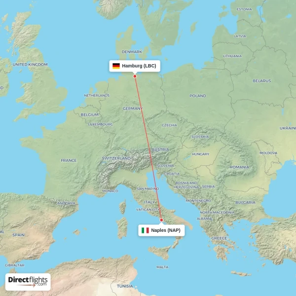 Naples - Hamburg direct flight map