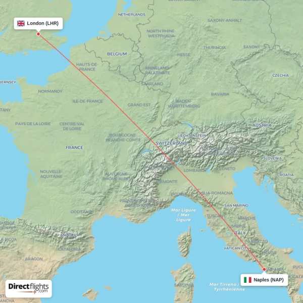 Naples - London direct flight map