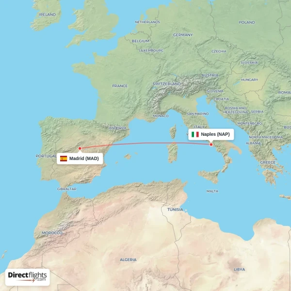 Naples - Madrid direct flight map