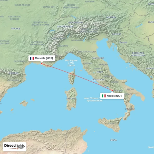 Naples - Marseille direct flight map