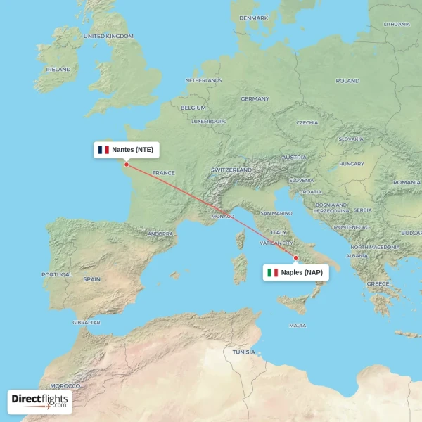 Naples - Nantes direct flight map