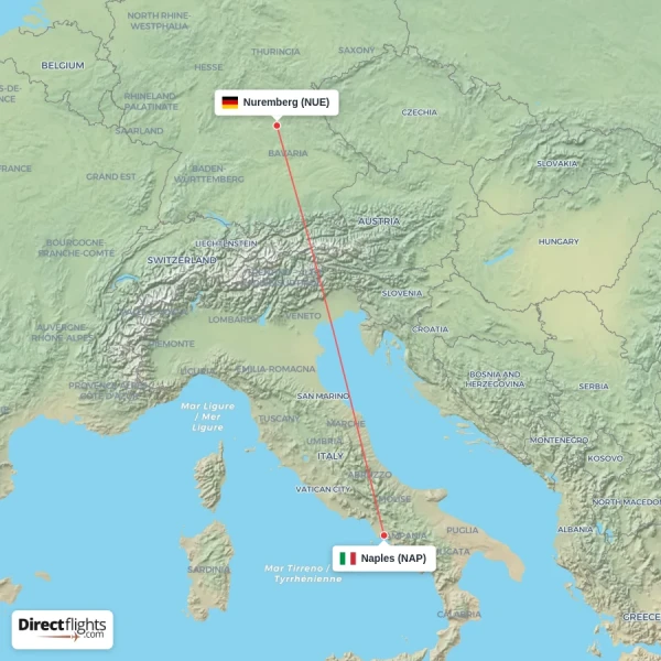 Naples - Nuremberg direct flight map