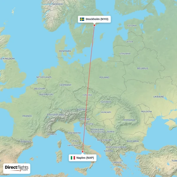 Naples - Stockholm direct flight map
