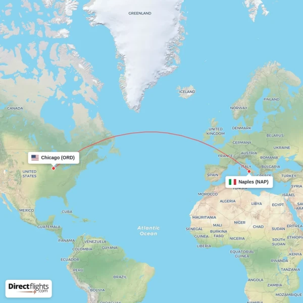 Naples - Chicago direct flight map