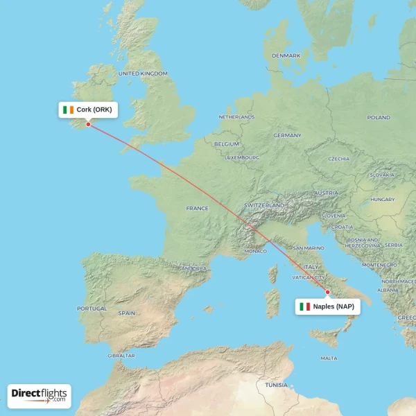 Naples - Cork direct flight map