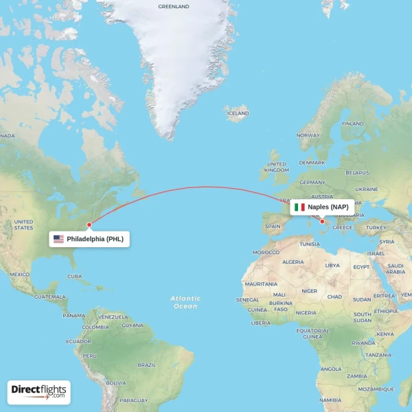 Naples - Philadelphia direct flight map
