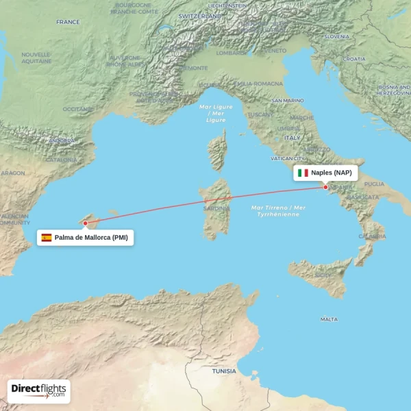 Naples - Palma de Mallorca direct flight map