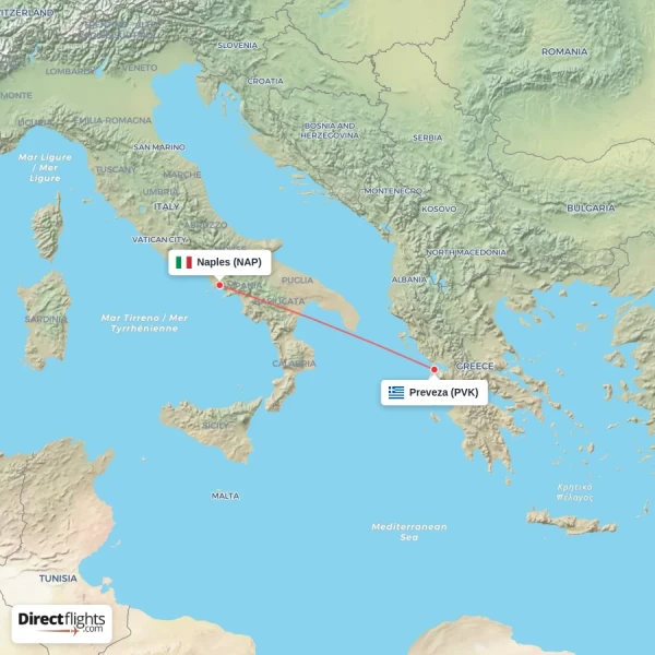 Naples - Preveza direct flight map