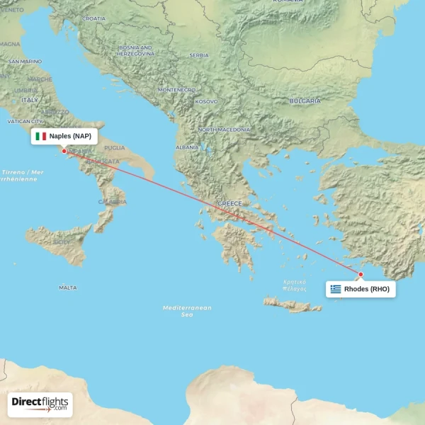 Naples - Rhodes direct flight map